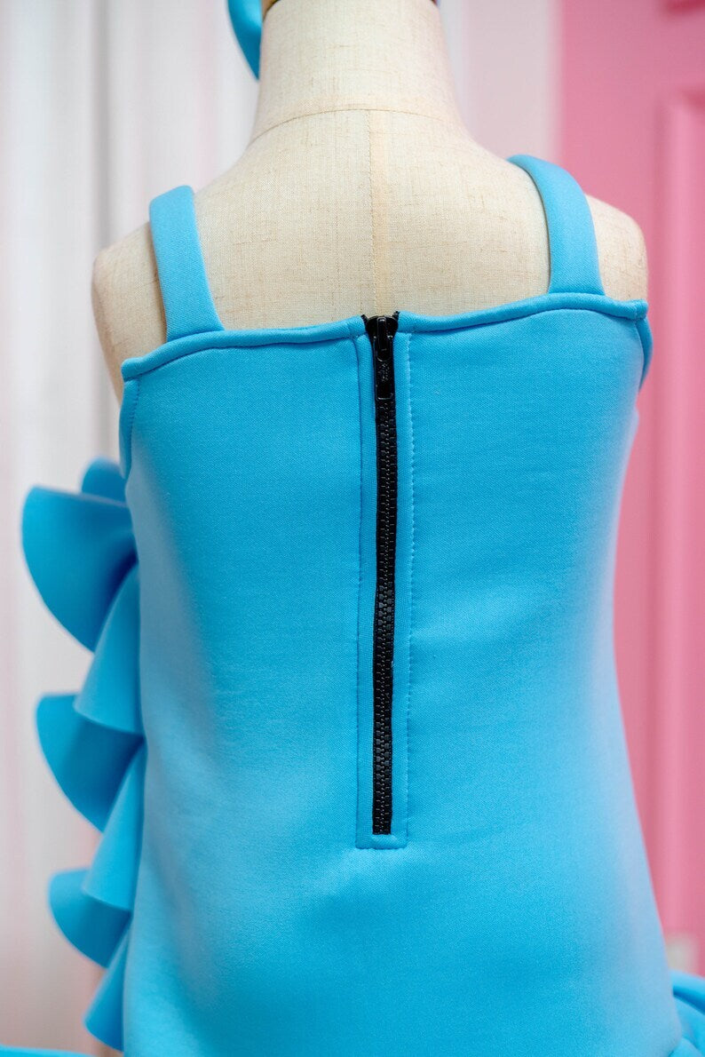 Rear view of sky blue side ruffle dress