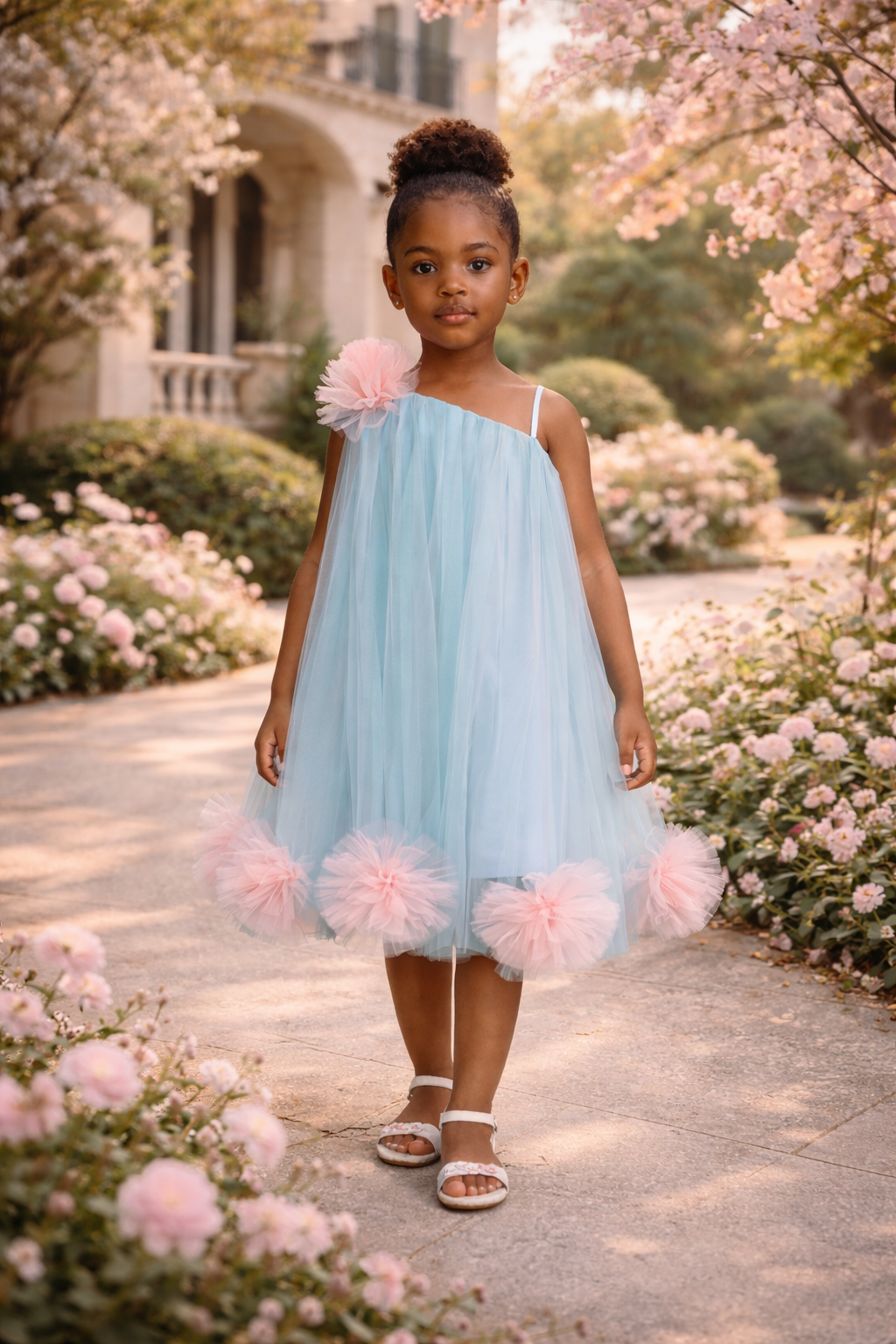 🌸 The Blush Petal Dress – Sky Blue