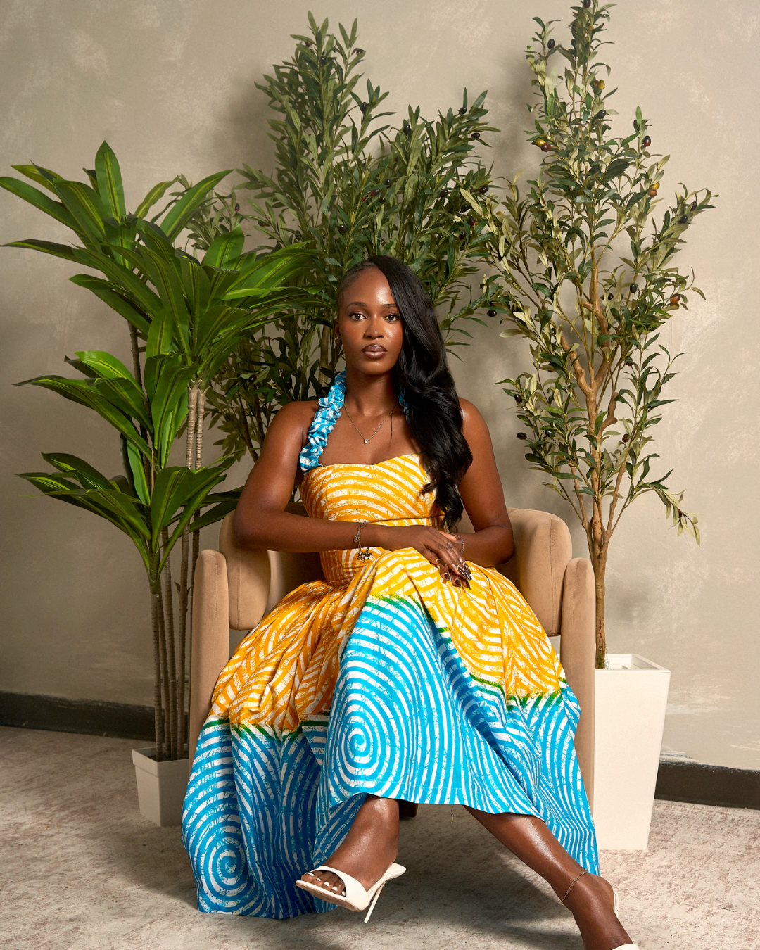 Zuri Yellow and Turquoise Dress – Women’s Ankara Midi Dress