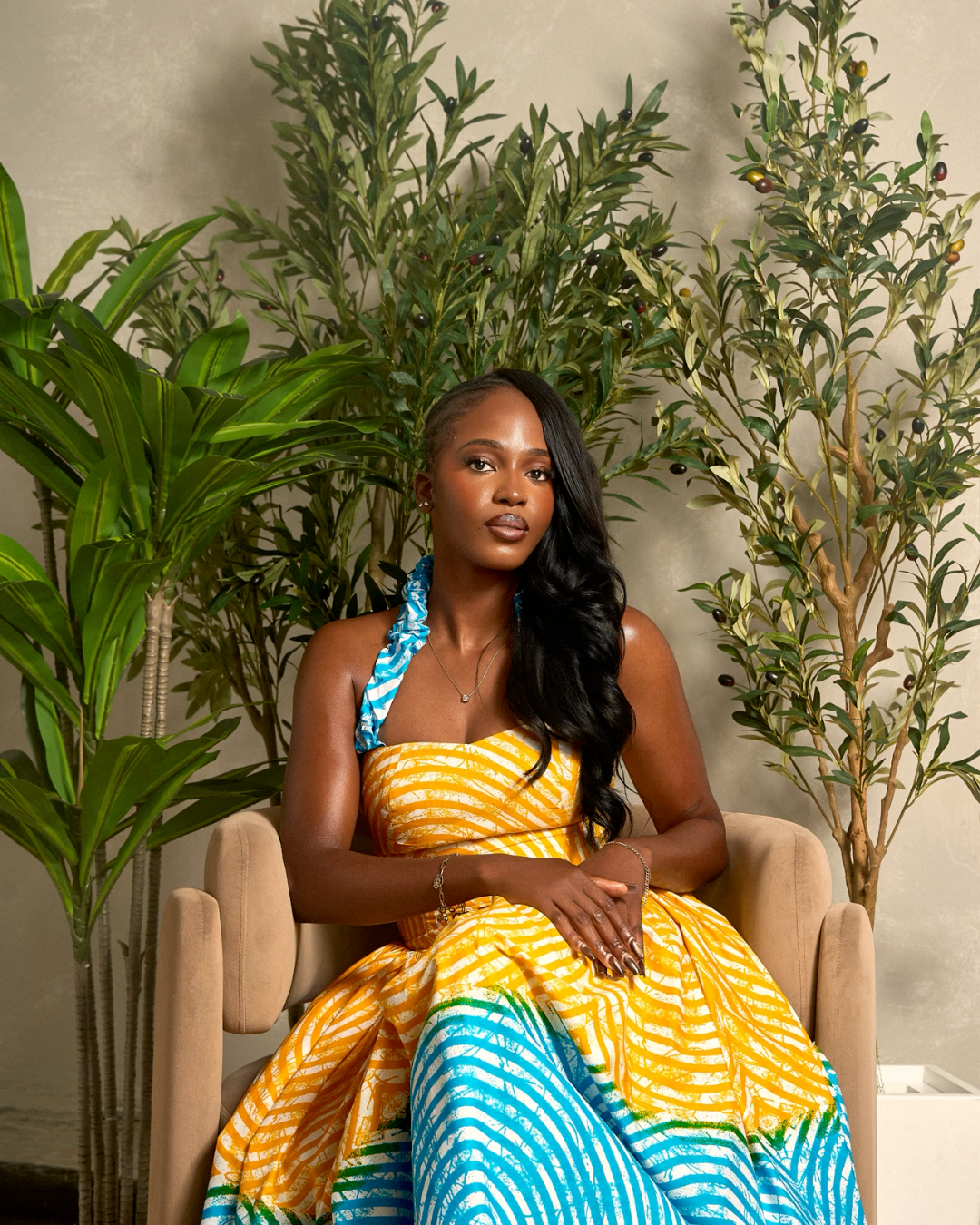 Zuri Yellow and Turquoise Dress – Women’s Ankara Midi Dress
