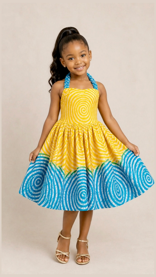 Girls’ Zuri Yellow & Turquoise Ankara Dress