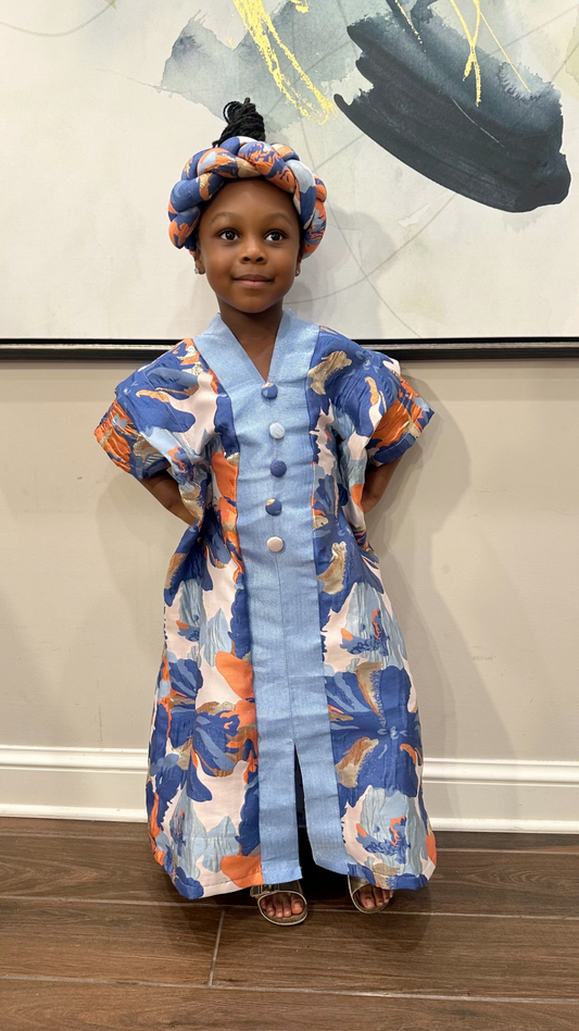 Children's Royal Blue, Orange and Gold Azure Elegance  Kaftan