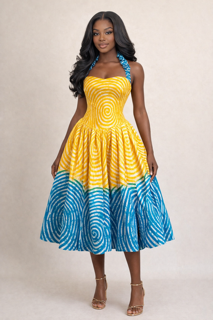 Zuri Yellow and Turquoise Dress – Women’s Ankara Midi Dress