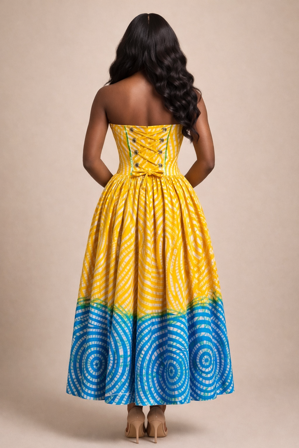 Zuri Yellow and Turquoise Dress – Women’s Ankara Midi Dress 14