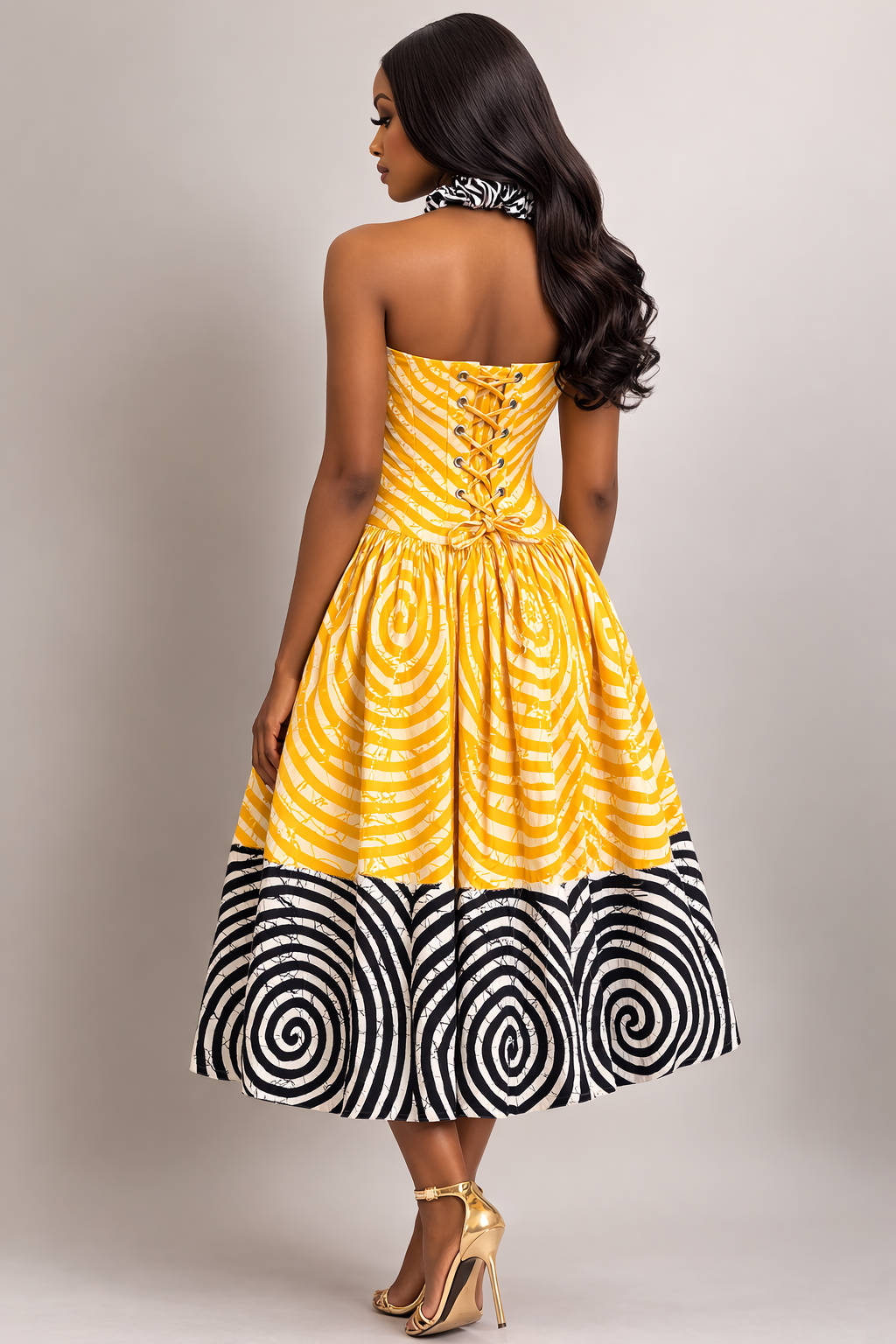 Zuri Yellow and Black Dress –  Women’s Ankara Midi Dress
