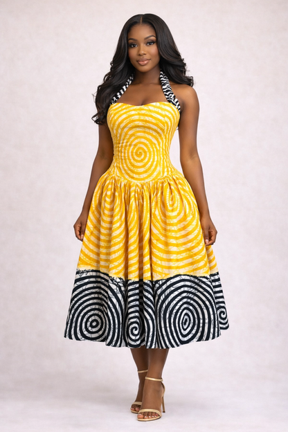 Zuri Yellow and Black Dress –  Women’s Ankara Midi Dress