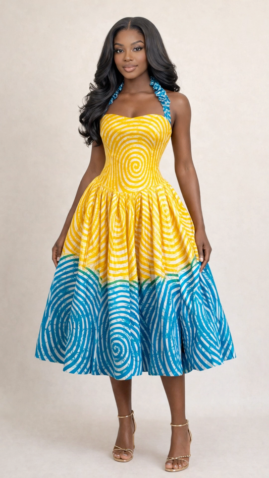 Zuri Yellow and Turquoise Dress – Women’s Ankara Midi Dress