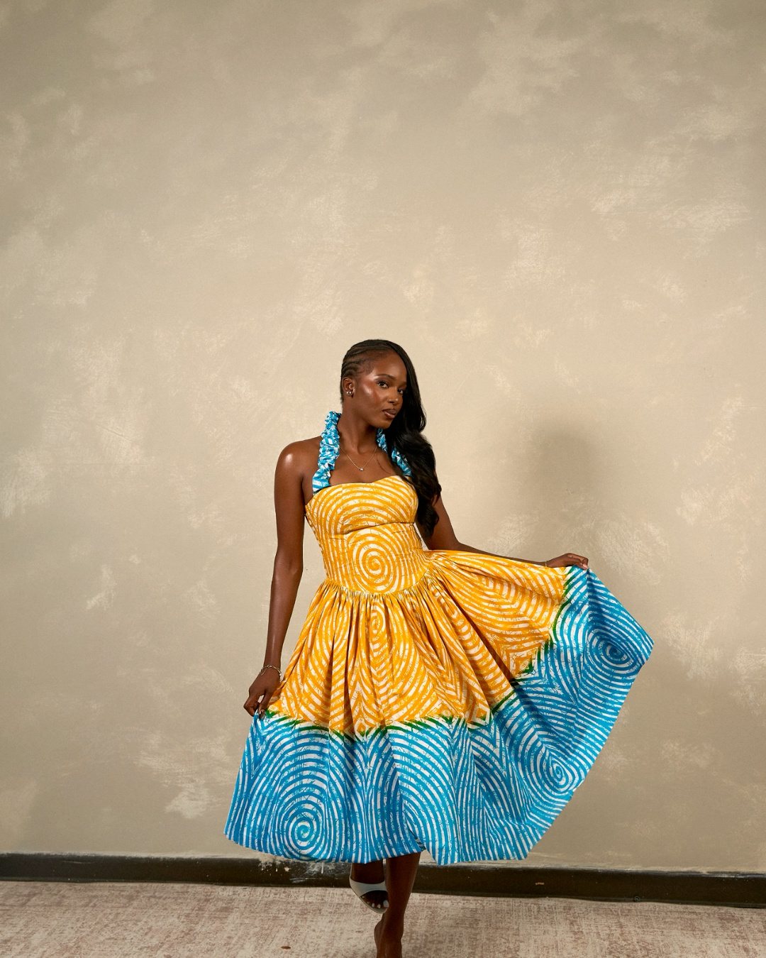 Zuri Yellow and Turquoise Dress – Women’s Ankara Midi Dress