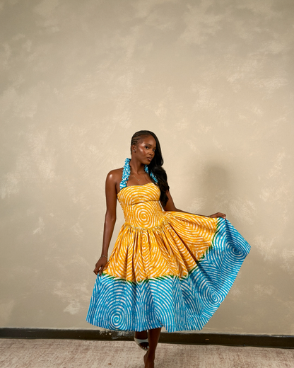 Zuri Yellow and Turquoise Dress – Women’s Ankara Midi Dress