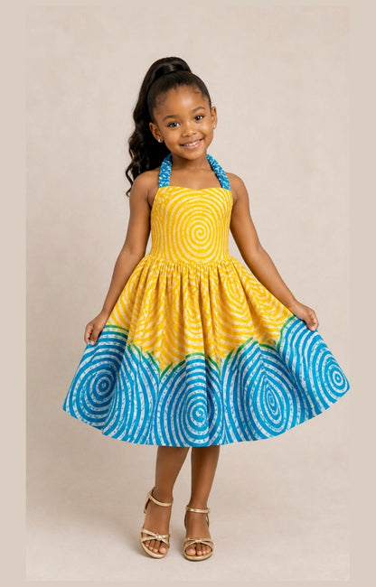 Girls’ Zuri Yellow & Turquoise Ankara Dress