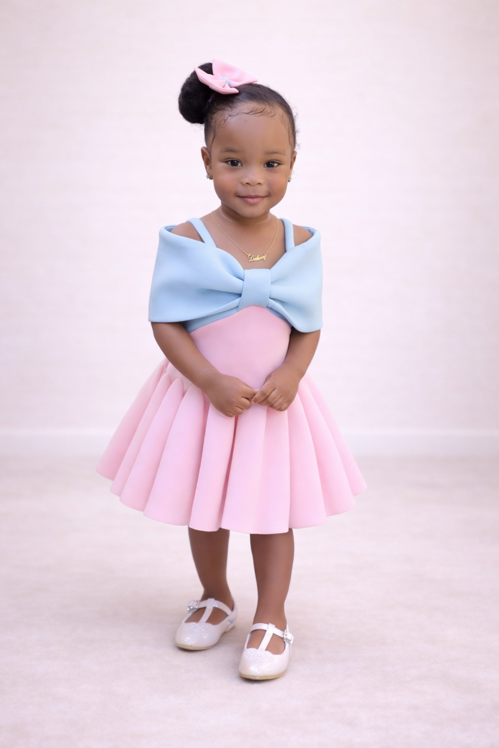 Pink and Baby Blue Big Bow Girl Twirl Dress 1(12M-24M) / Pink / Off Shoulder