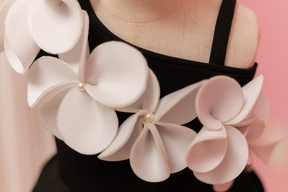 Close up of floral pattern(with pearls) displayed on black dress